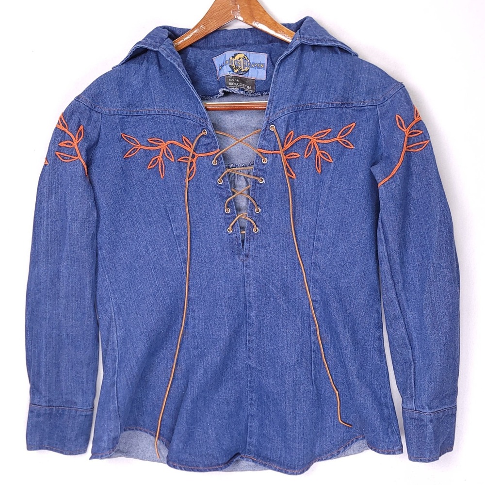Made In Heaven Vintage Denim Lace Up Embroidered Top Blue Orange Womens 14‎